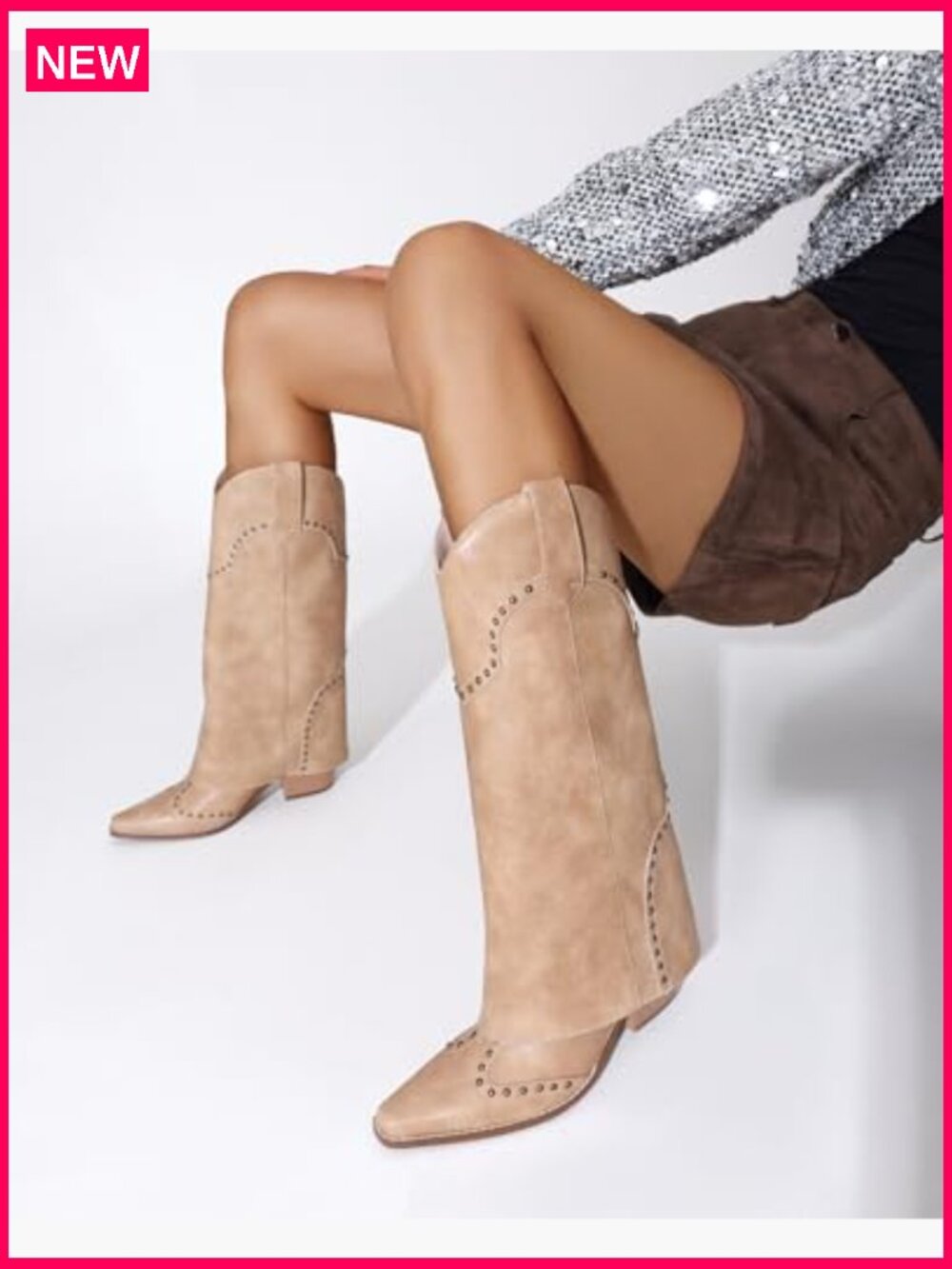 Knee High Pull On Boots Chunky Heel Snip Toe Studded Faux Leather - Picture 2 of 7